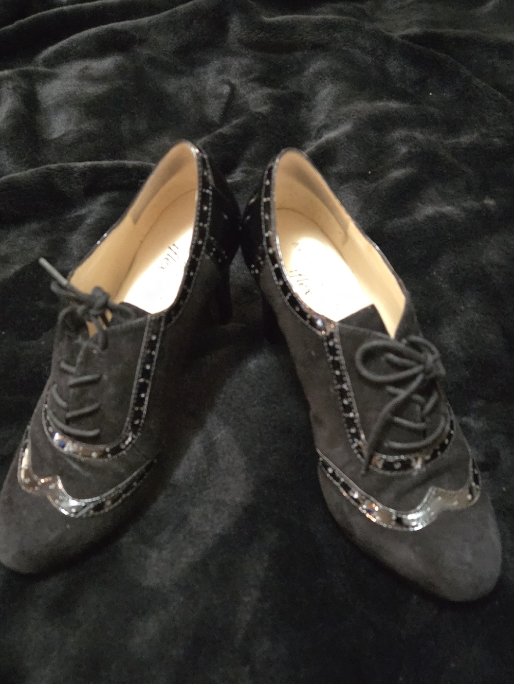 Black Lace-Up Suede Heels with Patent Trim - Women Shoes